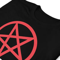 Red Inverted Pentagram design on unisex T-shirt, detail view