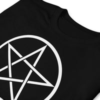 White Wiccan Pentagram design on unisex T-shirt, detail view