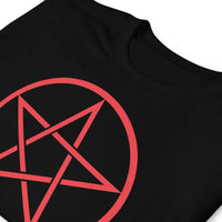 Red Wiccan Pentagram design on unisex T-shirt, detail view