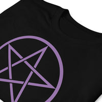 Purple Wiccan Pentagram design on unisex T-shirt, detail view