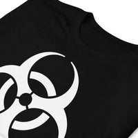 White Biohazard Symbol design on unisex T-shirt, detail view