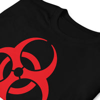 Red Biohazard Symbol design on unisex T-shirt, detail view