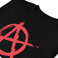 Red Anarchy Symbol design on unisex T-shirt, detail view