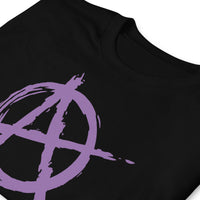 Purple Anarchy Symbol design on unisex T-shirt, detail view