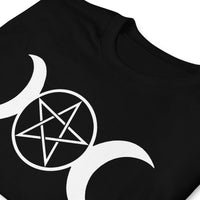 White Triple Moon Goddess design on unisex T-shirt, detail view