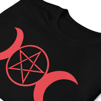Red Triple Moon Goddess design on unisex T-shirt, detail view
