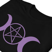 Purple Triple Moon Goddess design on unisex T-shirt, detail view