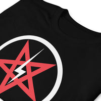 Satanic Church Sigil Bolt design on unisex T-shirt, detail view