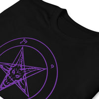Purple Sigil of Baphomet design on unisex T-shirt, detail view