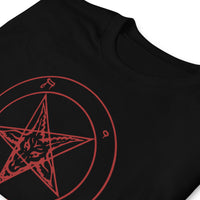 Red Sigil of Baphomet design on unisex T-shirt, detail view