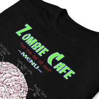 Zombie Cafe Brains Menu design on unisex T-shirt, detail view