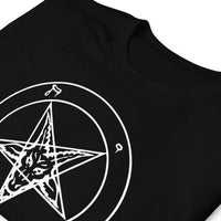 White Sigil of Baphomet design on unisex T-shirt, detail view