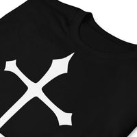 White Medieval Cross design on unisex T-shirt, detail view