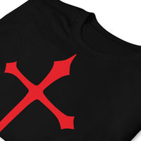 Red Medieval Cross design on unisex T-shirt, detail view