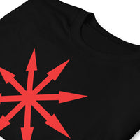 Red Chaos Star design on unisex T-shirt, detail view