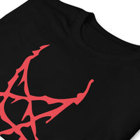 Red Melting Inverted Pentagram design on unisex T-shirt, detail view
