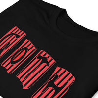 Black Red Gothic Stripes design on unisex T-shirt, detail view