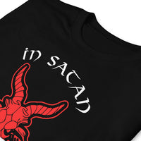 In Satan We Trust Goat Head design on unisex T-shirt, detail view
