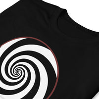 Hypnotic Spiral Illusion design on unisex T-shirt, detail view