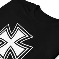 Black White Iron Cross design on unisex T-shirt, detail view