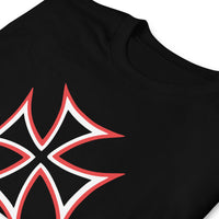 Red White Iron Cross design on unisex T-shirt, detail view