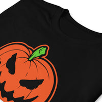 Scary Jack O' Lantern design on unisex T-shirt, detail view