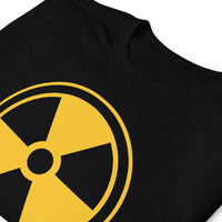 Radiation Warning Sign design on unisex T-shirt, detail view
