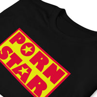 Yellow Red Porn Star Logo design on unisex T-shirt, detail view