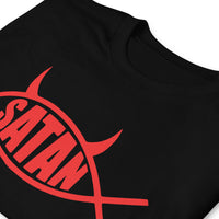 Red Satan Fish design on unisex T-shirt, detail view
