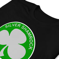 Silver Shamrock Novelties design on unisex T-shirt, detail view