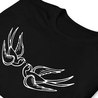 White Falling Sparrows design on unisex T-shirt, detail view