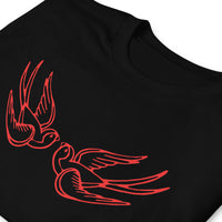 Red Falling Sparrows design on unisex T-shirt, detail view