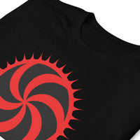 Red Deadly Swirl design on unisex T-shirt, detail view