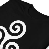 White Triskelion design on unisex T-shirt, detail view