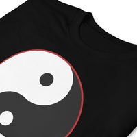 Yin and Yang Ancient Chinese Symbol design on unisex T-shirt, detail view