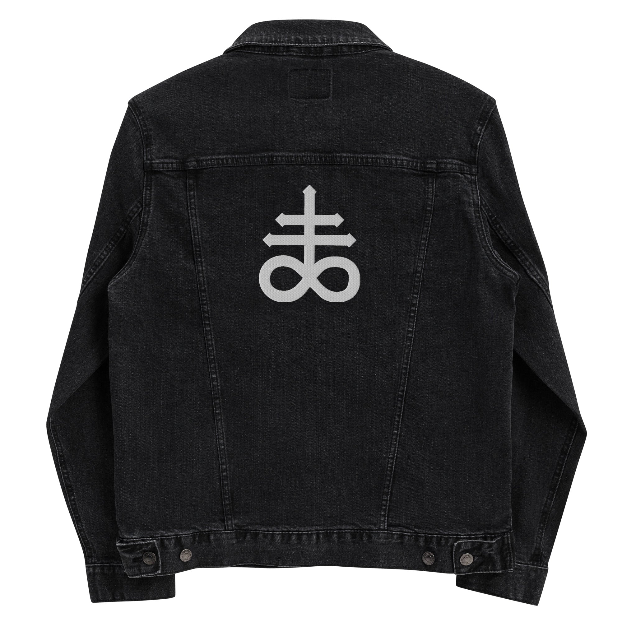 The Leviathan Cross of Satan Occult Symbol Embroidered Denim Jacket - Front and Back - Edge of Life Designs