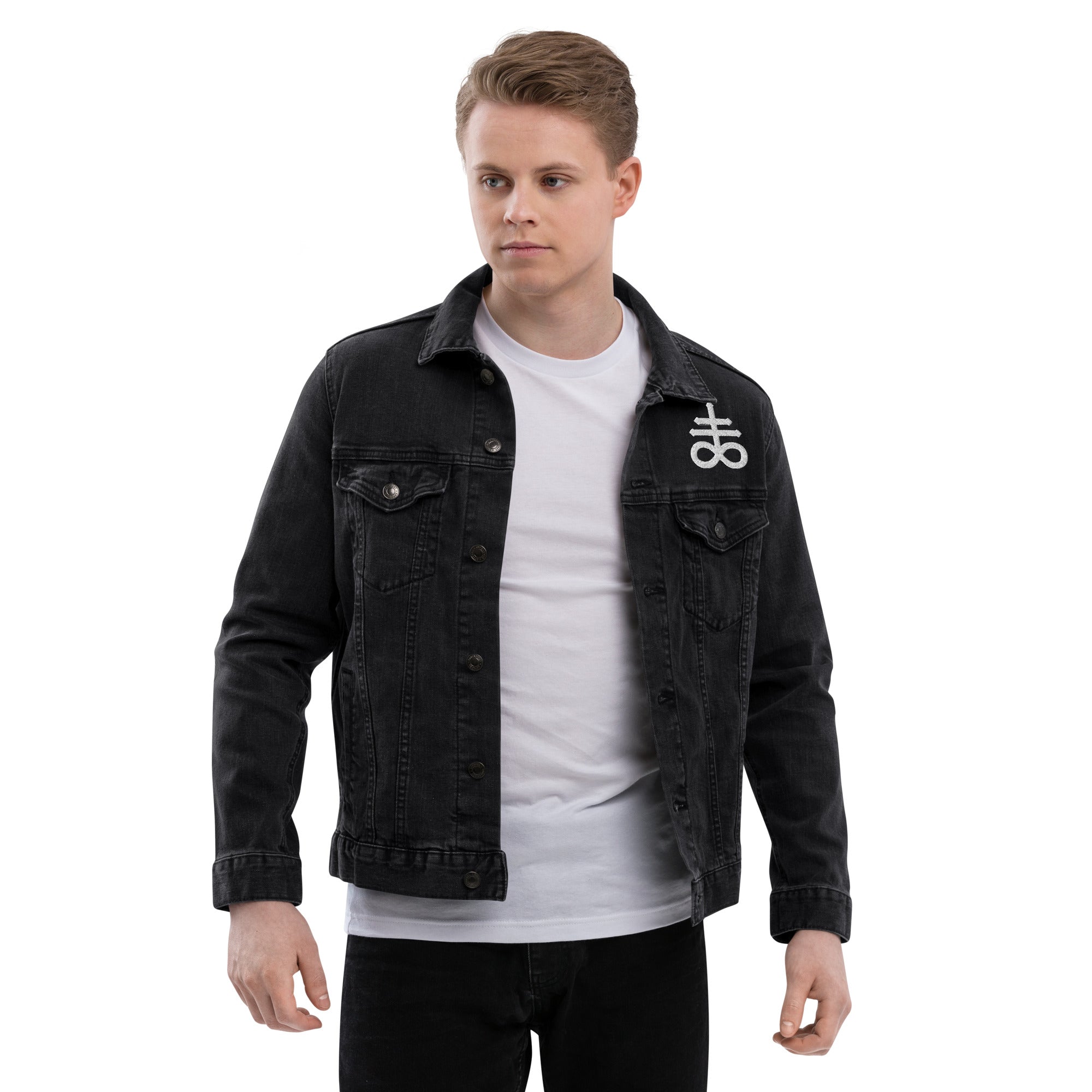 The Leviathan Cross of Satan Occult Symbol Embroidered Denim Jacket - Front and Back - Edge of Life Designs