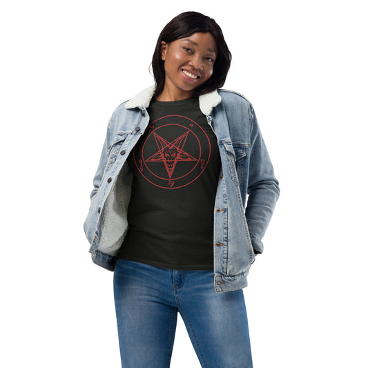 Red Sigil of Baphomet design on slim-fit long sleeve shirt, front view