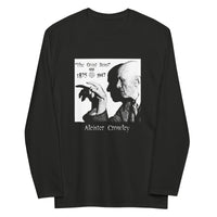 Aleister Crowley design on slim-fit long sleeve shirt, front view