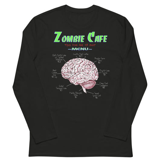 Zombie Cafe Brains Menu design on slim-fit long sleeve shirt, front view