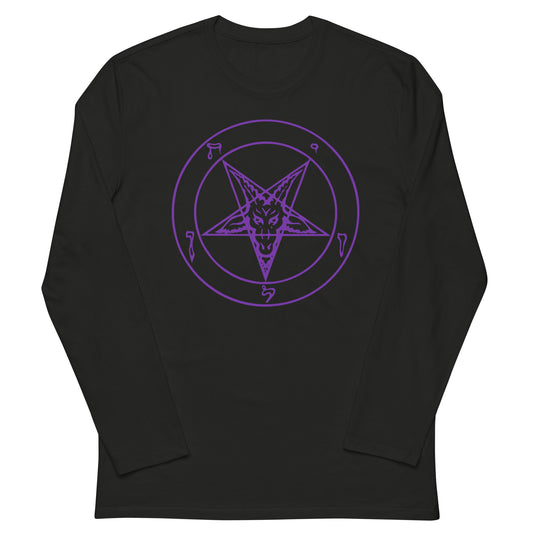 Purple Sigil of Baphomet design on slim-fit long sleeve shirt, front view
