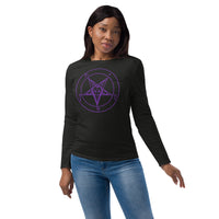 Purple Sigil of Baphomet design on slim-fit long sleeve shirt, front view