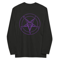 Purple Sigil of Baphomet design on slim-fit long sleeve shirt, front view