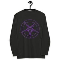 Purple Sigil of Baphomet design on slim-fit long sleeve shirt, front view