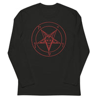 Red Sigil of Baphomet design on slim-fit long sleeve shirt, front view