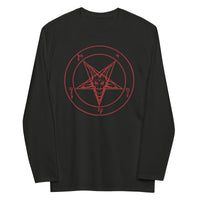 Red Sigil of Baphomet design on slim-fit long sleeve shirt, front view
