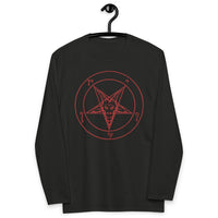 Red Sigil of Baphomet design on slim-fit long sleeve shirt, front view