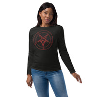 Red Sigil of Baphomet design on slim-fit long sleeve shirt, front view