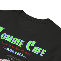 Zombie Cafe Brains Menu design on slim-fit long sleeve shirt, detail view