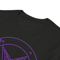 Purple Sigil of Baphomet design on slim-fit long sleeve shirt, detail view